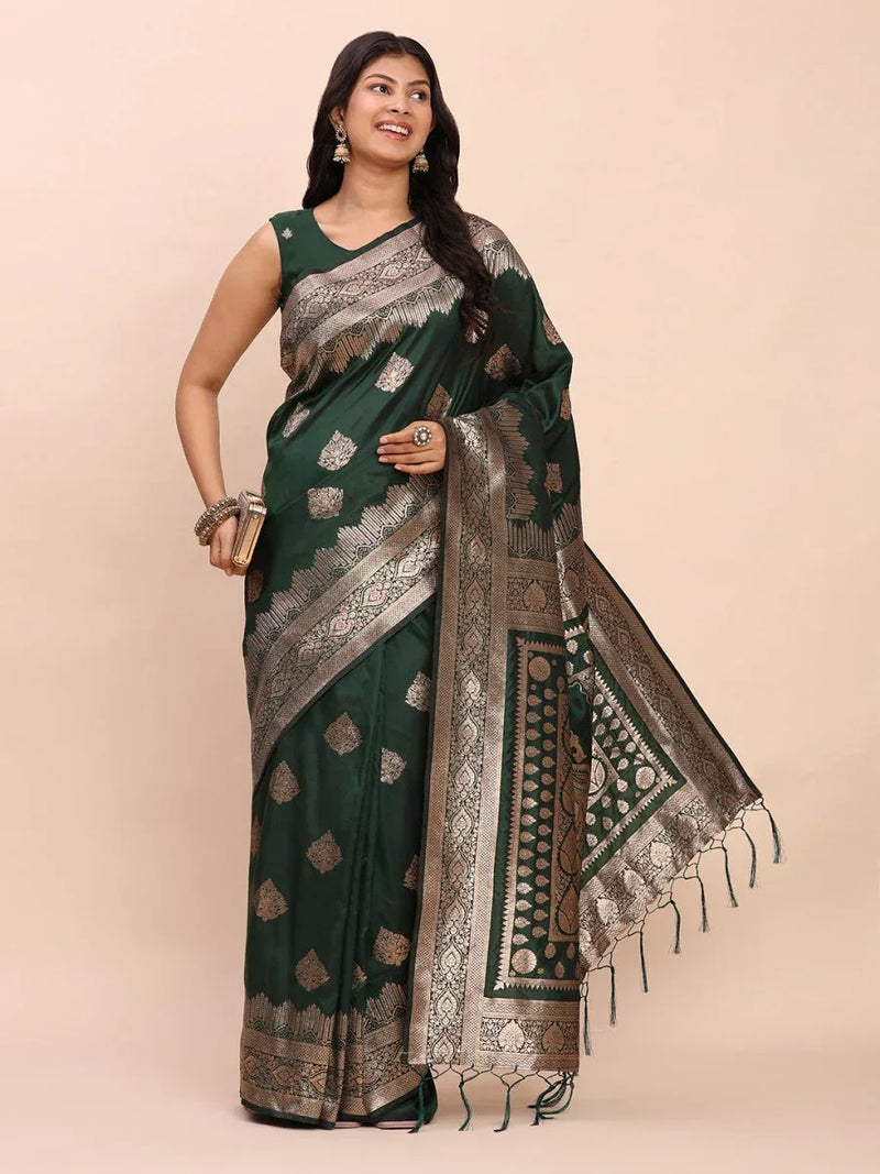 Green Banarasi silk Saree With Blouse Piece - EZBER