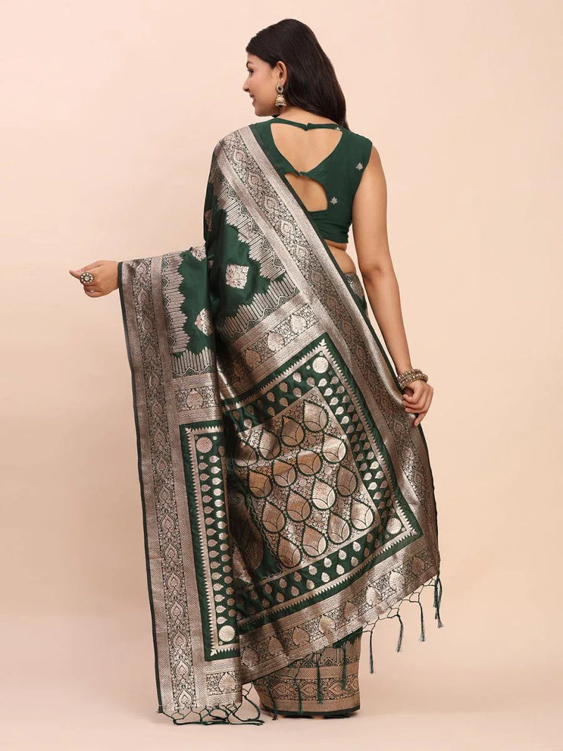 Green Banarasi silk Saree With Blouse Piece - EZBER
