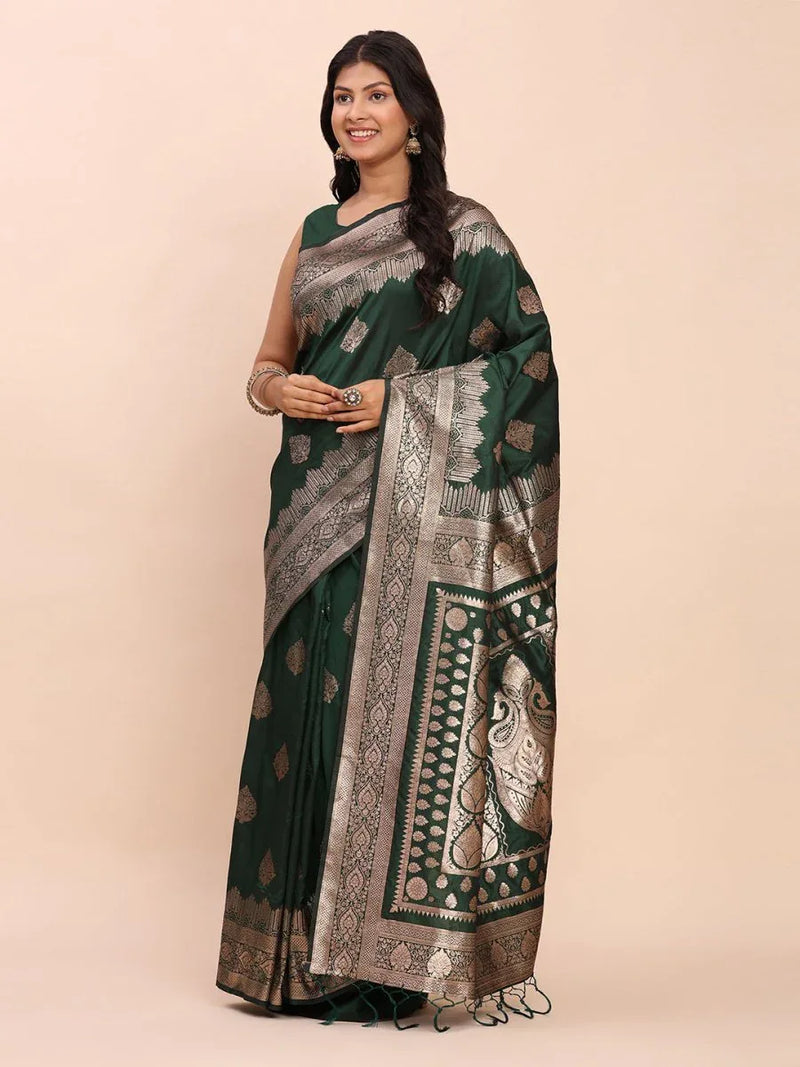 Green Banarasi silk Saree With Blouse Piece - EZBER