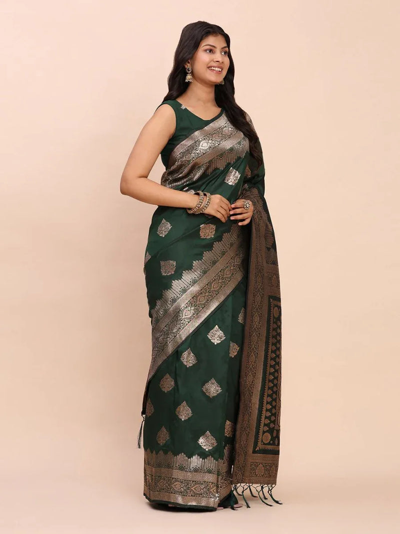 Green Banarasi silk Saree With Blouse Piece - EZBER