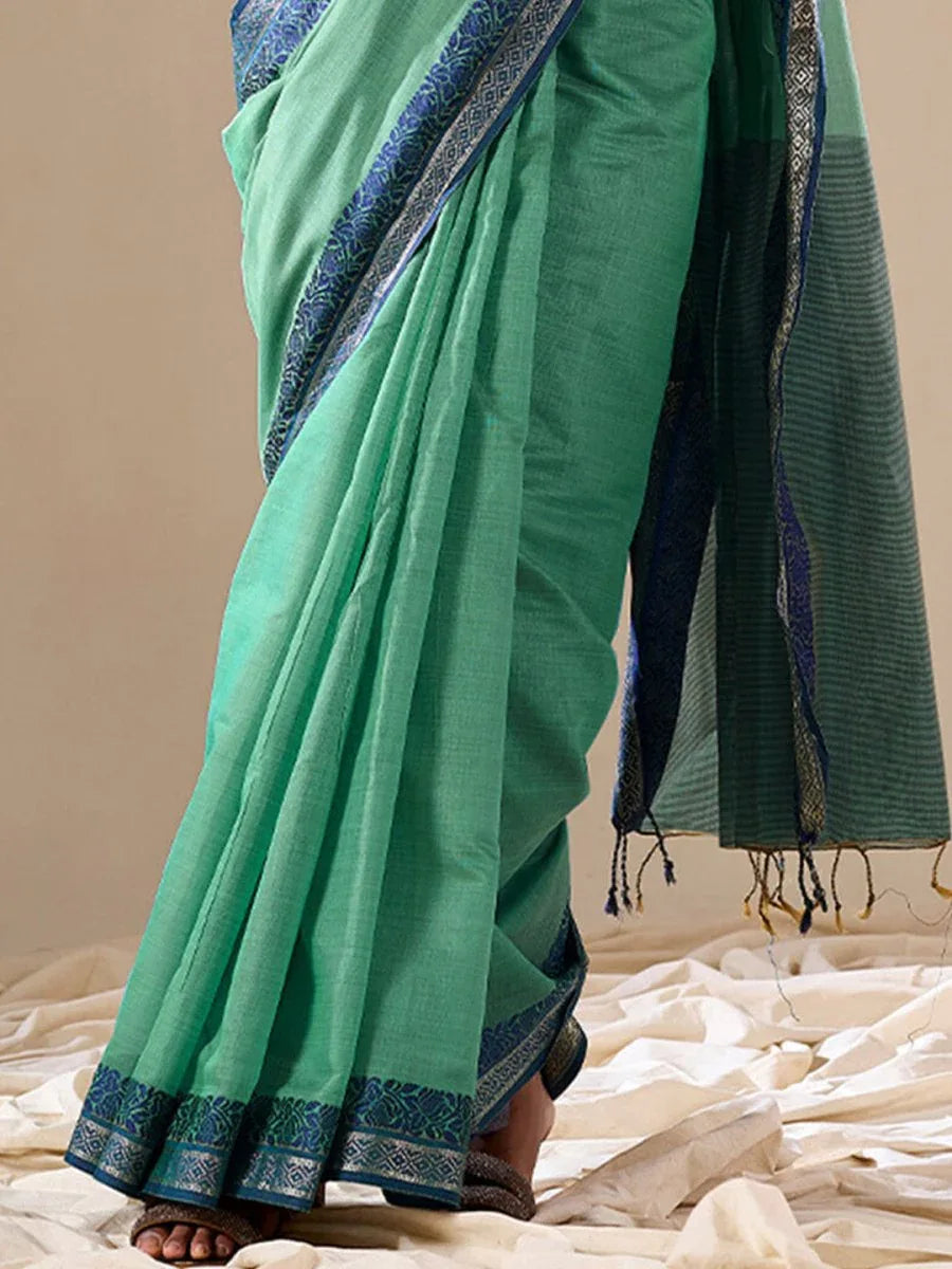 Green Cotton Festive Wear Saree With Blouse Piece - EZBER