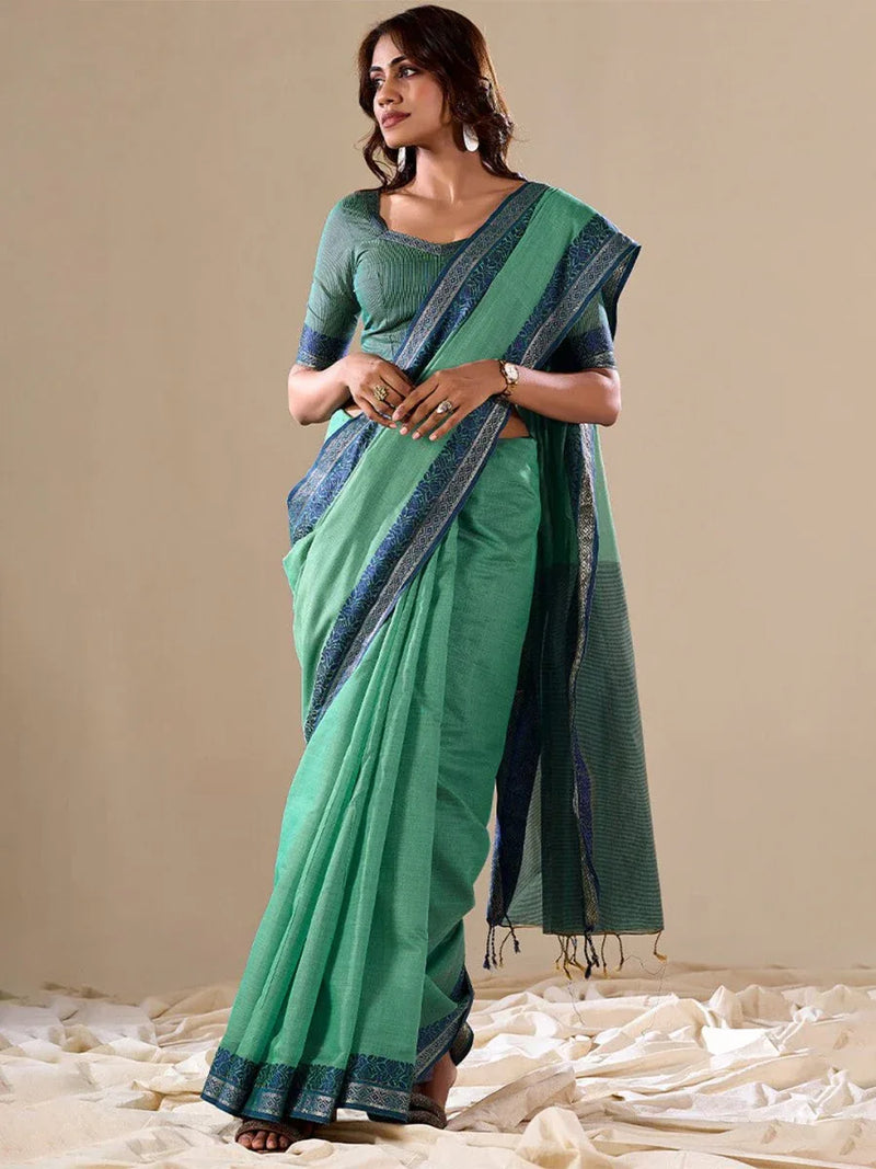 Green Cotton Festive Wear Saree With Blouse Piece - EZBER
