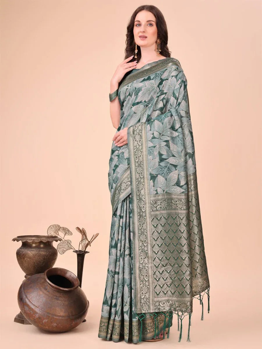 Green Cotton Saree With Blouse Piece - EZBER