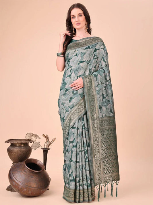 Green Cotton Saree With Blouse Piece - EZBER
