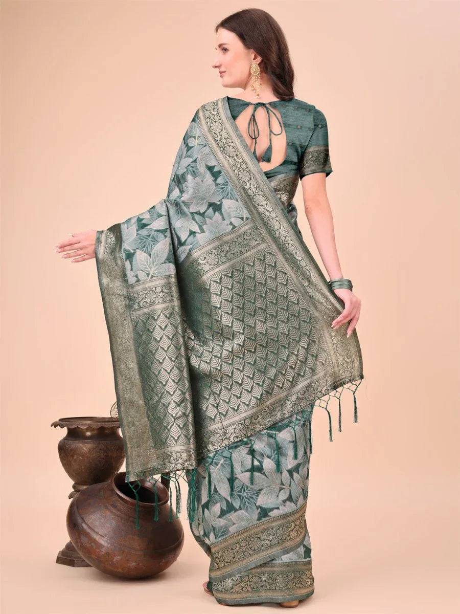Green Cotton Saree With Blouse Piece - EZBER