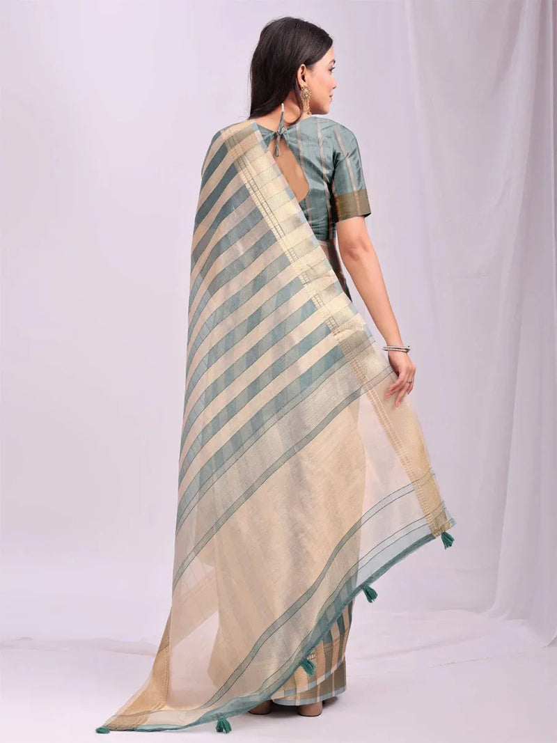 Green FOSHAN Organza Saree with Blouse Piece - EZBER