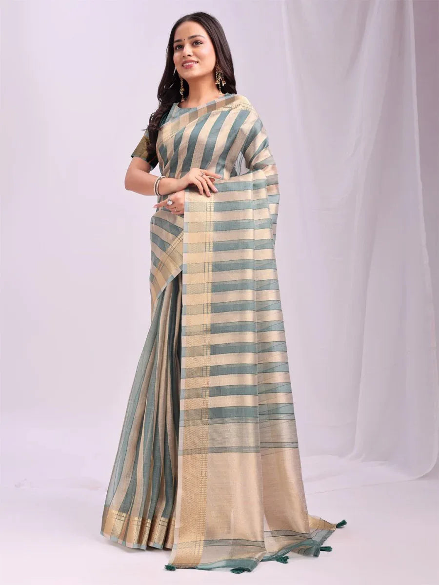 Green FOSHAN Organza Saree with Blouse Piece - EZBER