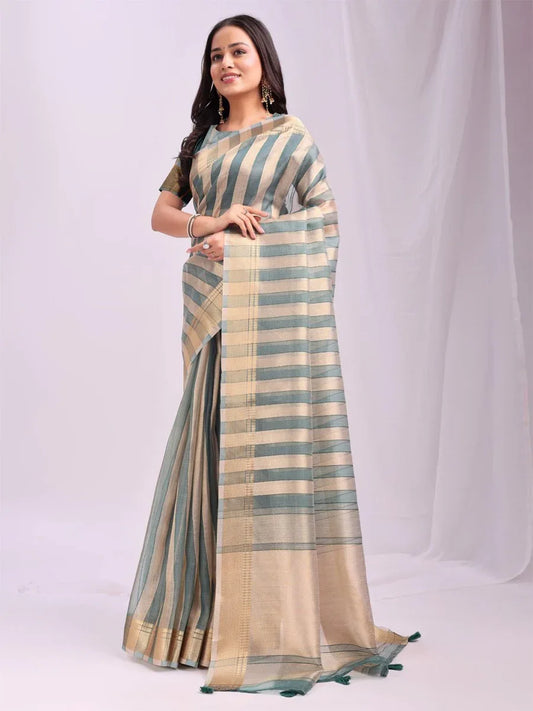 Green FOSHAN Organza Saree with Blouse Piece - EZBER