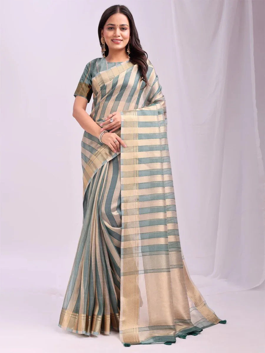 Green FOSHAN Organza Saree with Blouse Piece - EZBER