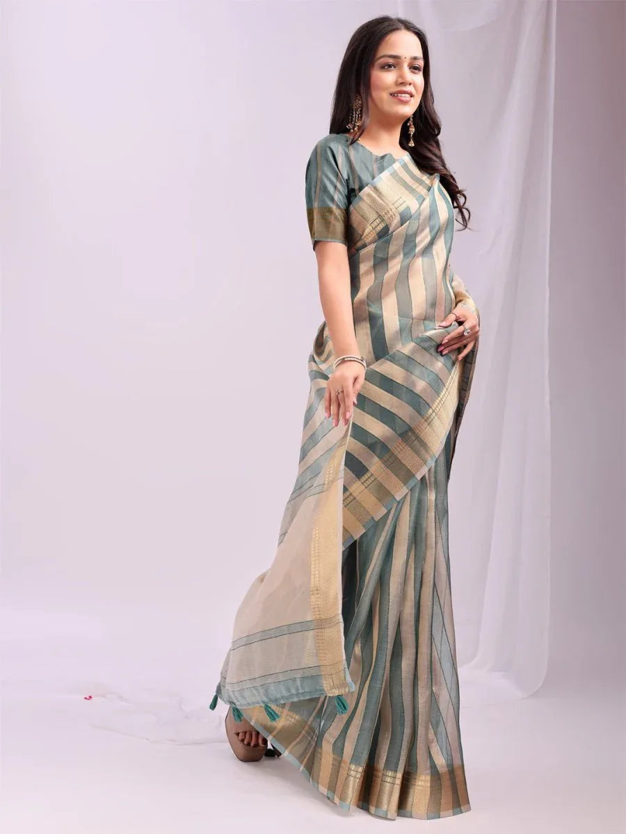 Green FOSHAN Organza Saree with Blouse Piece - EZBER