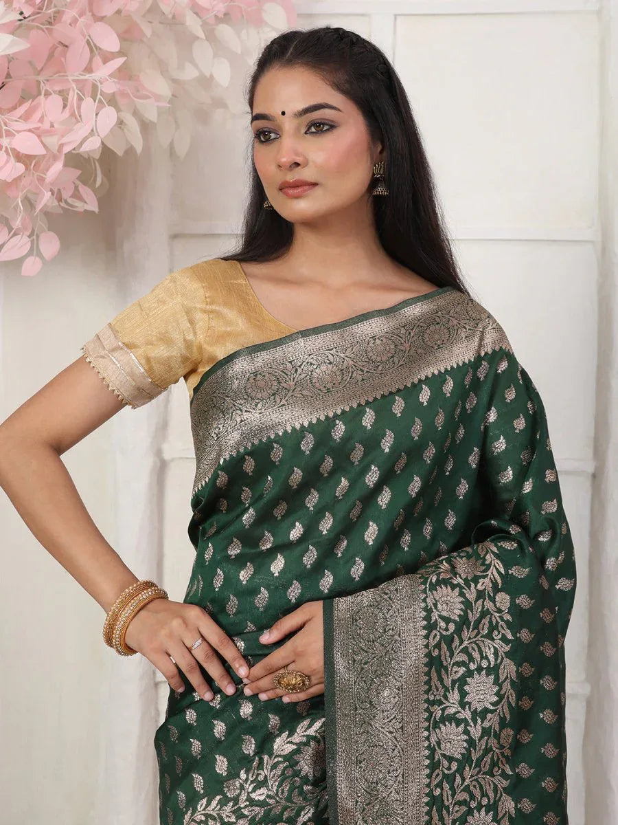 Green Lichi Silk Saree With Blouse Piece - EZBER