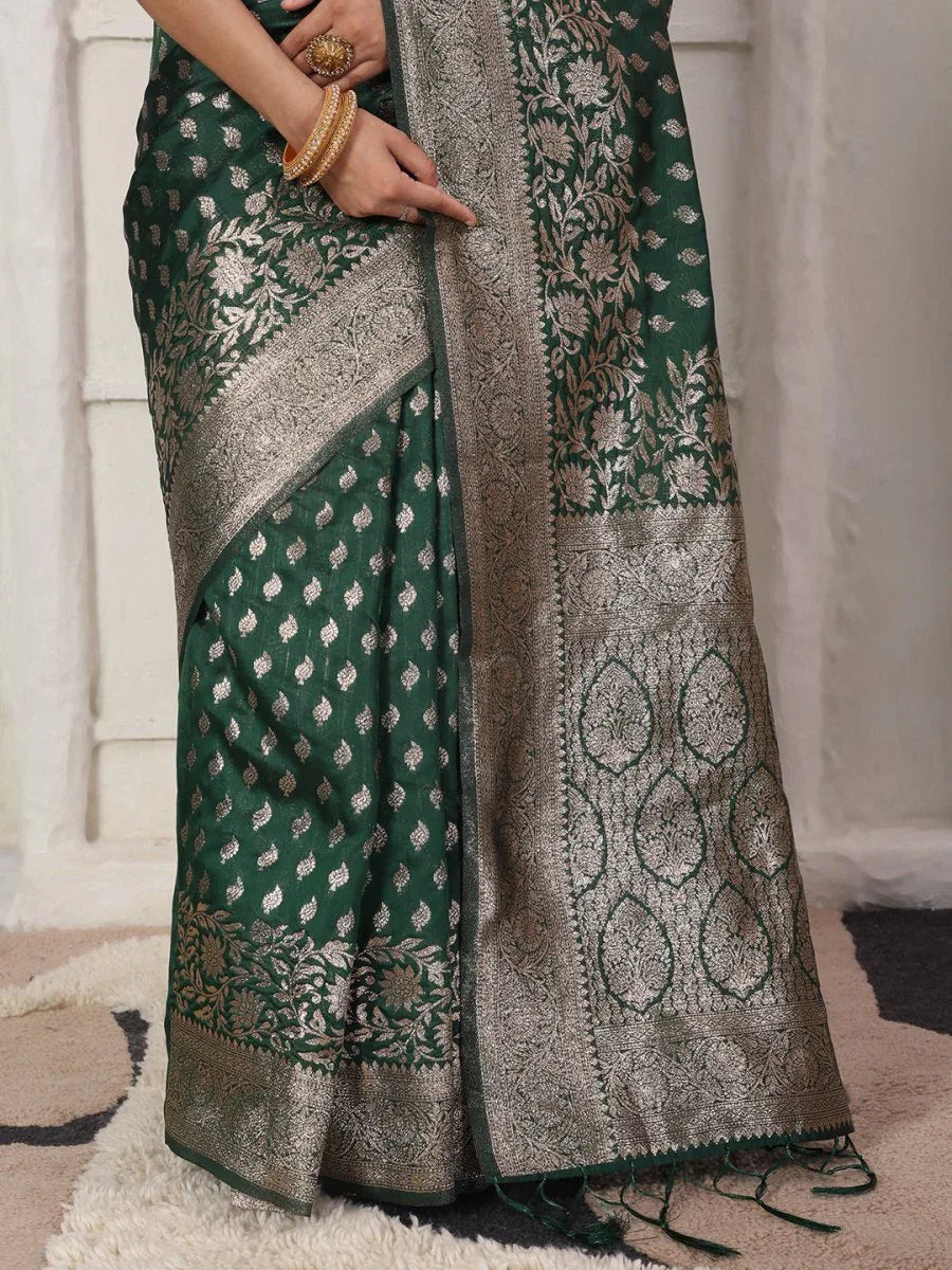 Green Lichi Silk Saree With Blouse Piece - EZBER