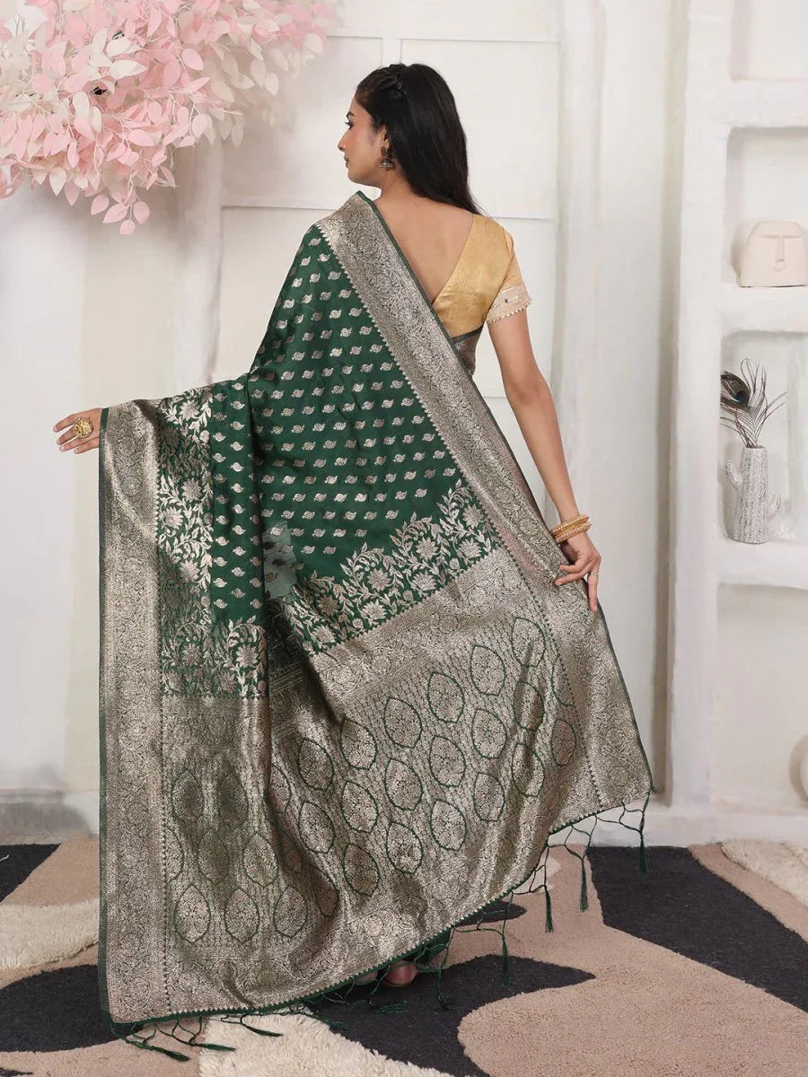 Green Lichi Silk Saree With Blouse Piece - EZBER