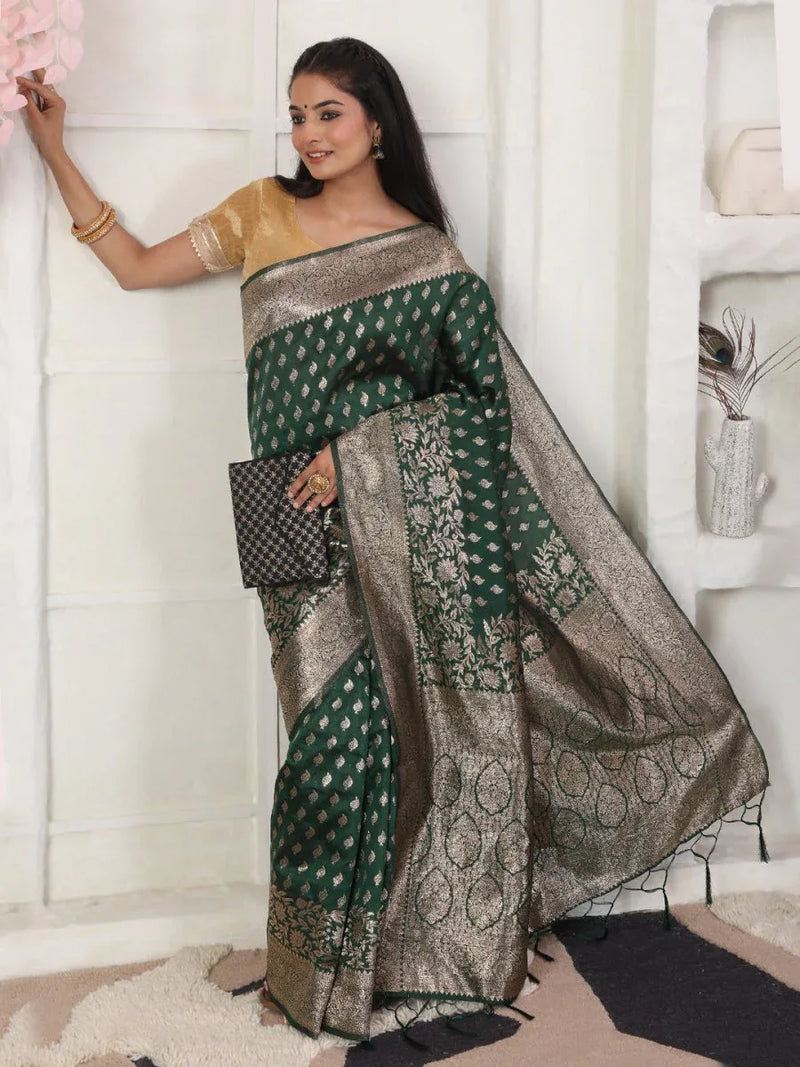 Green Lichi Silk Saree With Blouse Piece - EZBER