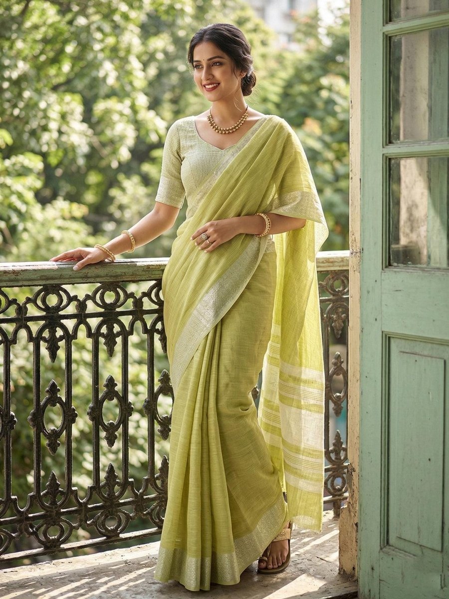 Green Linen Cotton Handloom Saree | EZB SI04 SU1006 - EZBER