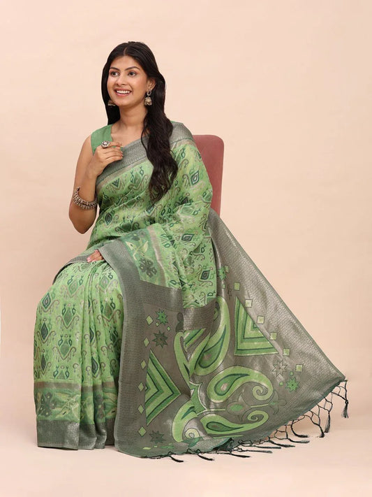 Green Linen Cotton Saree With Blouse Piece - EZBER