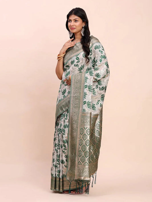 Green Linen Cotton Saree With Blouse Piece - EZBER