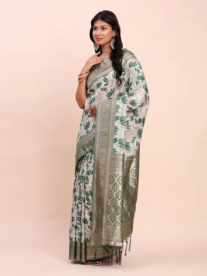 Green Linen Cotton Saree With Blouse Piece - EZBER