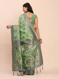 Green Linen Cotton Saree With Blouse Piece - EZBER