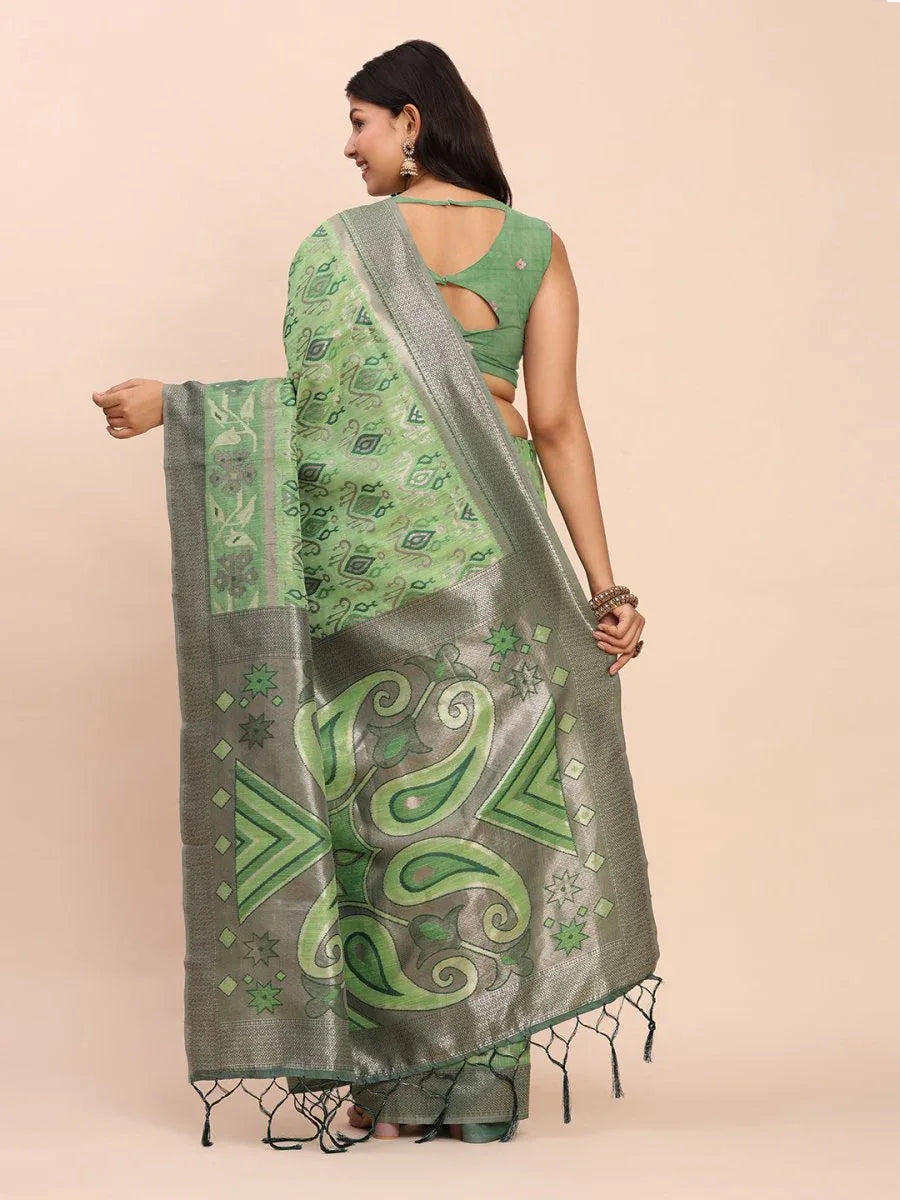 Green Linen Cotton Saree With Blouse Piece - EZBER