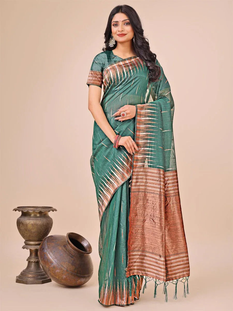 Green Linen Cotton Saree With Blouse Piece - EZBER