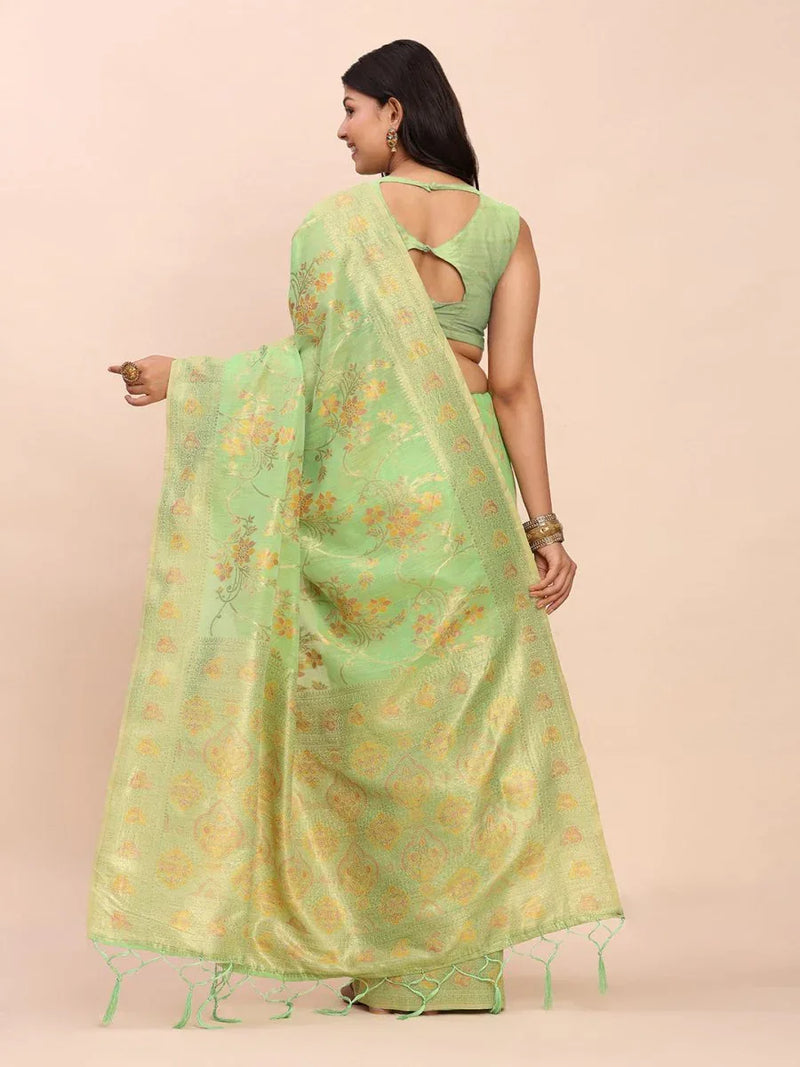 Green Linen Cotton Saree With Blouse Piece - EZBER