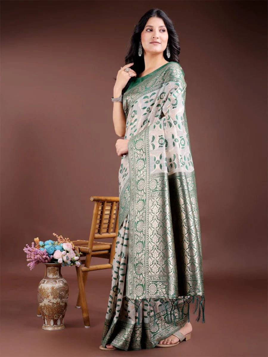 Green Linen Cotton Saree With Blouse Piece - EZBER