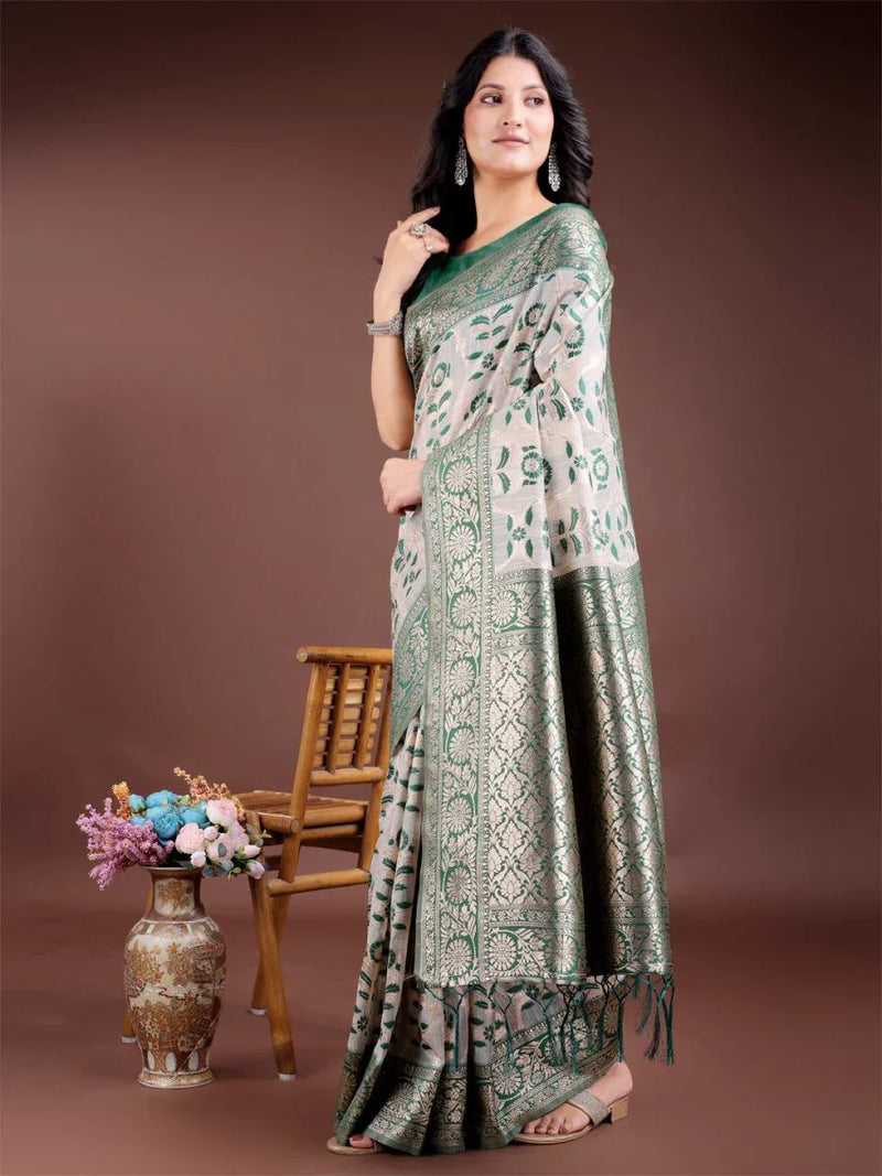 Green Linen Cotton Saree With Blouse Piece - EZBER