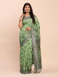 Green Linen Cotton Saree With Blouse Piece - EZBER