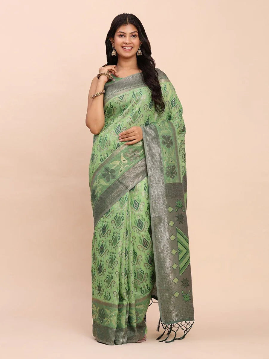 Green Linen Cotton Saree With Blouse Piece - EZBER