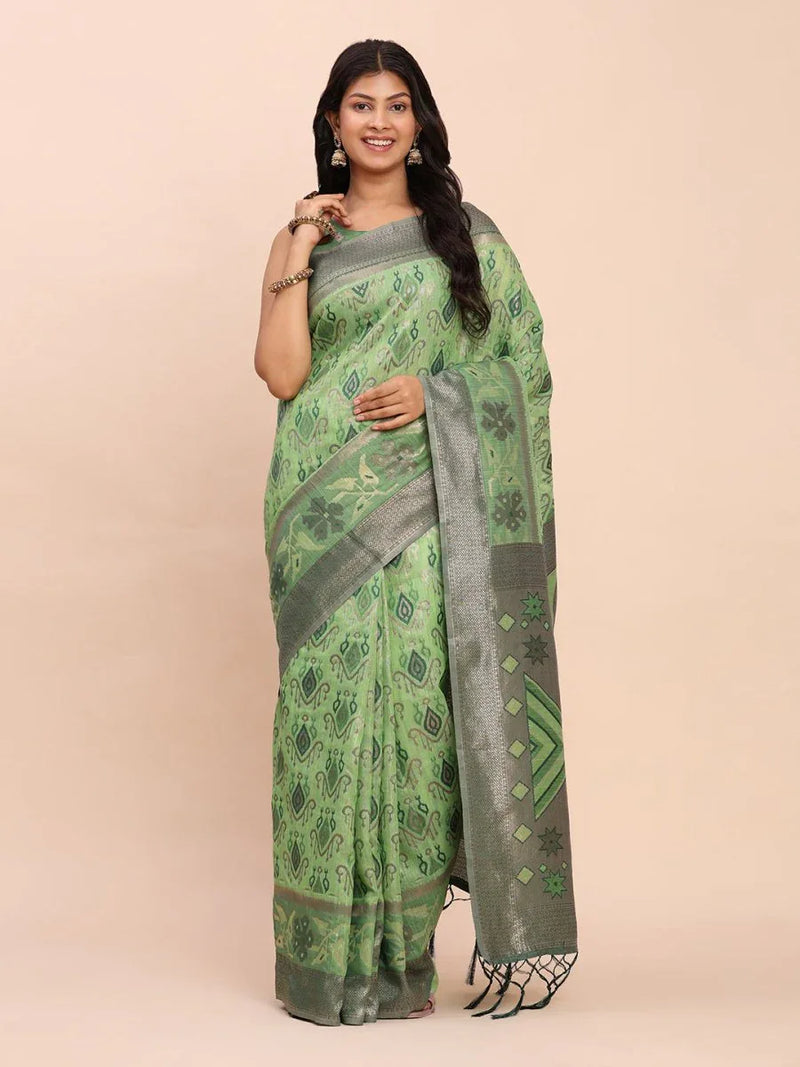 Green Linen Cotton Saree With Blouse Piece - EZBER