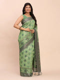 Green Linen Cotton Saree With Blouse Piece - EZBER