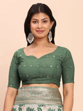 Green Linen Cotton Saree With Blouse Piece - EZBER
