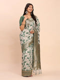 Green Linen Cotton Saree With Blouse Piece - EZBER