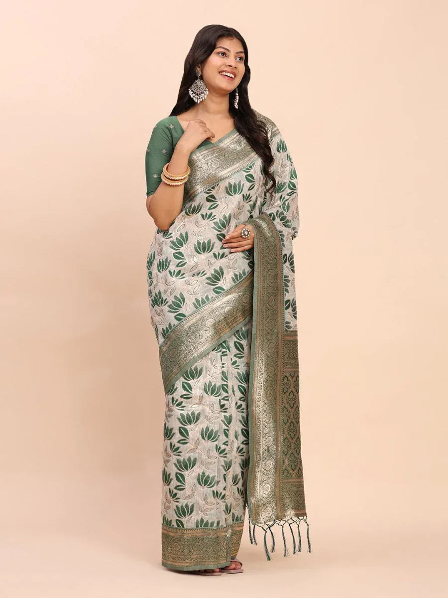 Green Linen Cotton Saree With Blouse Piece - EZBER