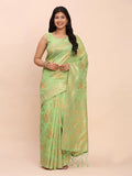 Green Linen Cotton Saree With Blouse Piece - EZBER