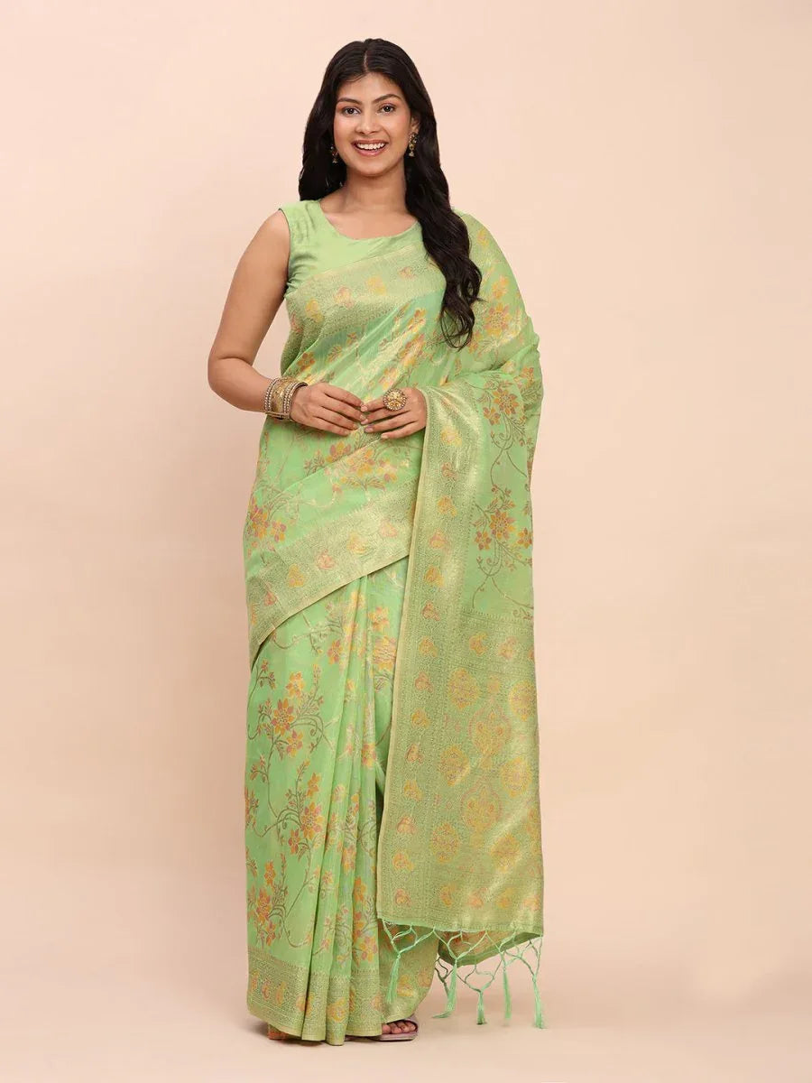 Green Linen Cotton Saree With Blouse Piece - EZBER