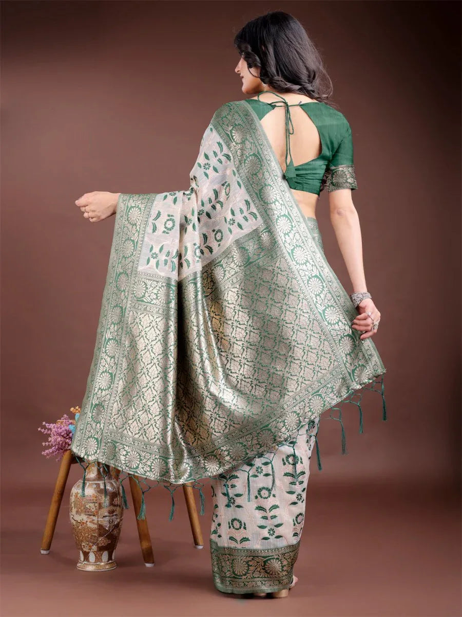 Green Linen Cotton Saree With Blouse Piece - EZBER
