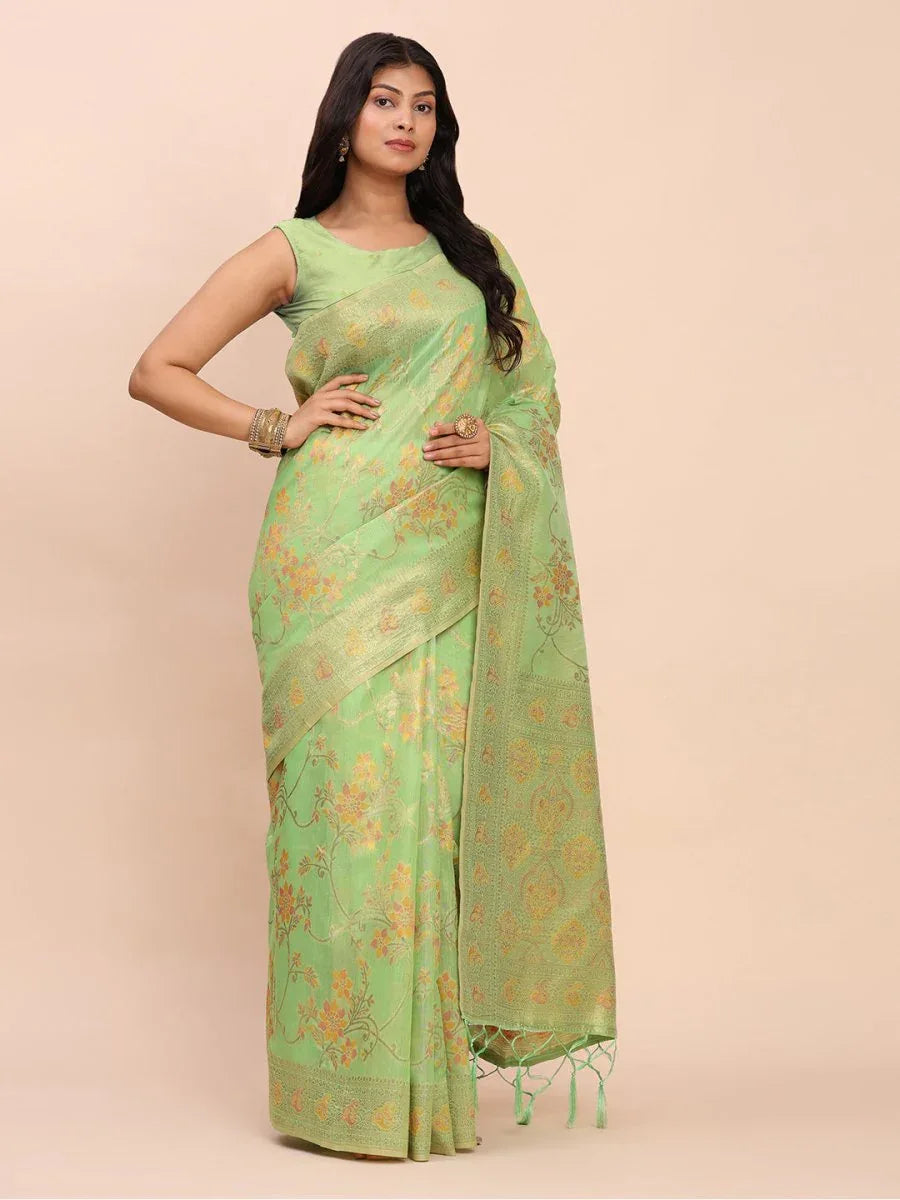 Green Linen Cotton Saree With Blouse Piece - EZBER