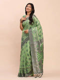 Green Linen Cotton Saree With Blouse Piece - EZBER