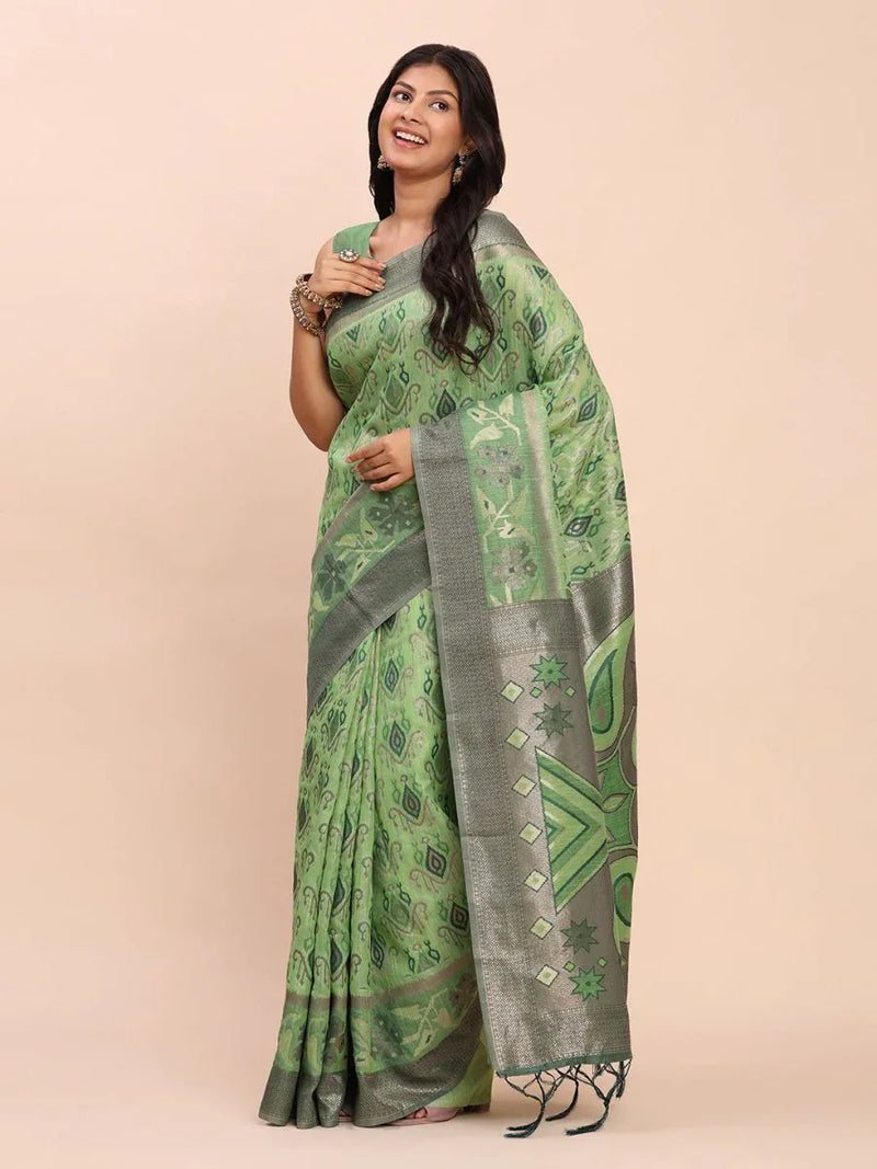 Green Linen Cotton Saree With Blouse Piece - EZBER