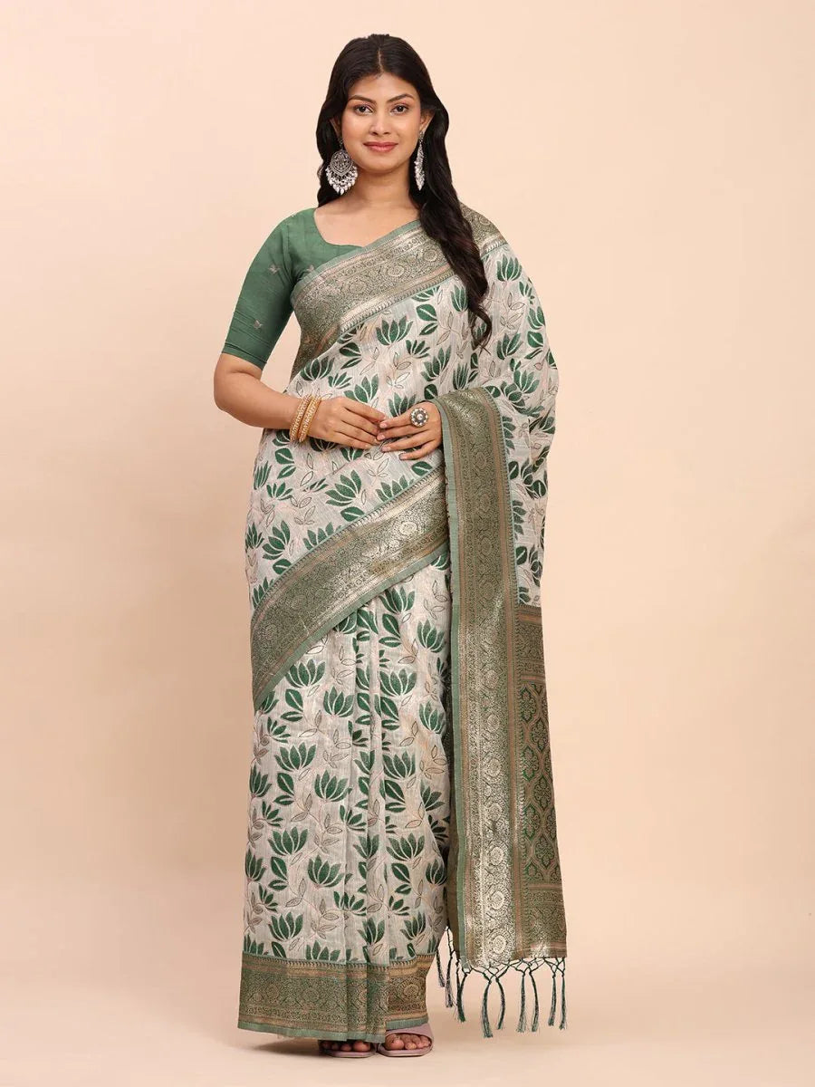 Green Linen Cotton Saree With Blouse Piece - EZBER