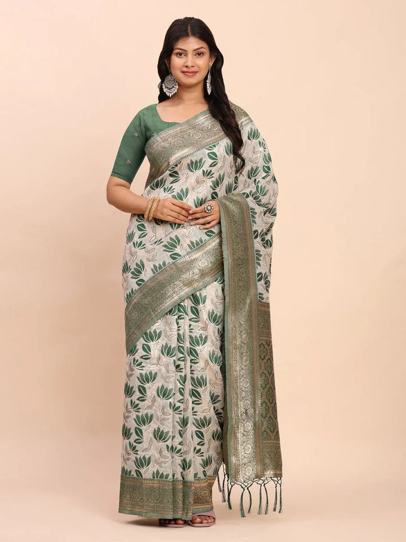 Green Linen Cotton Saree With Blouse Piece - EZBER