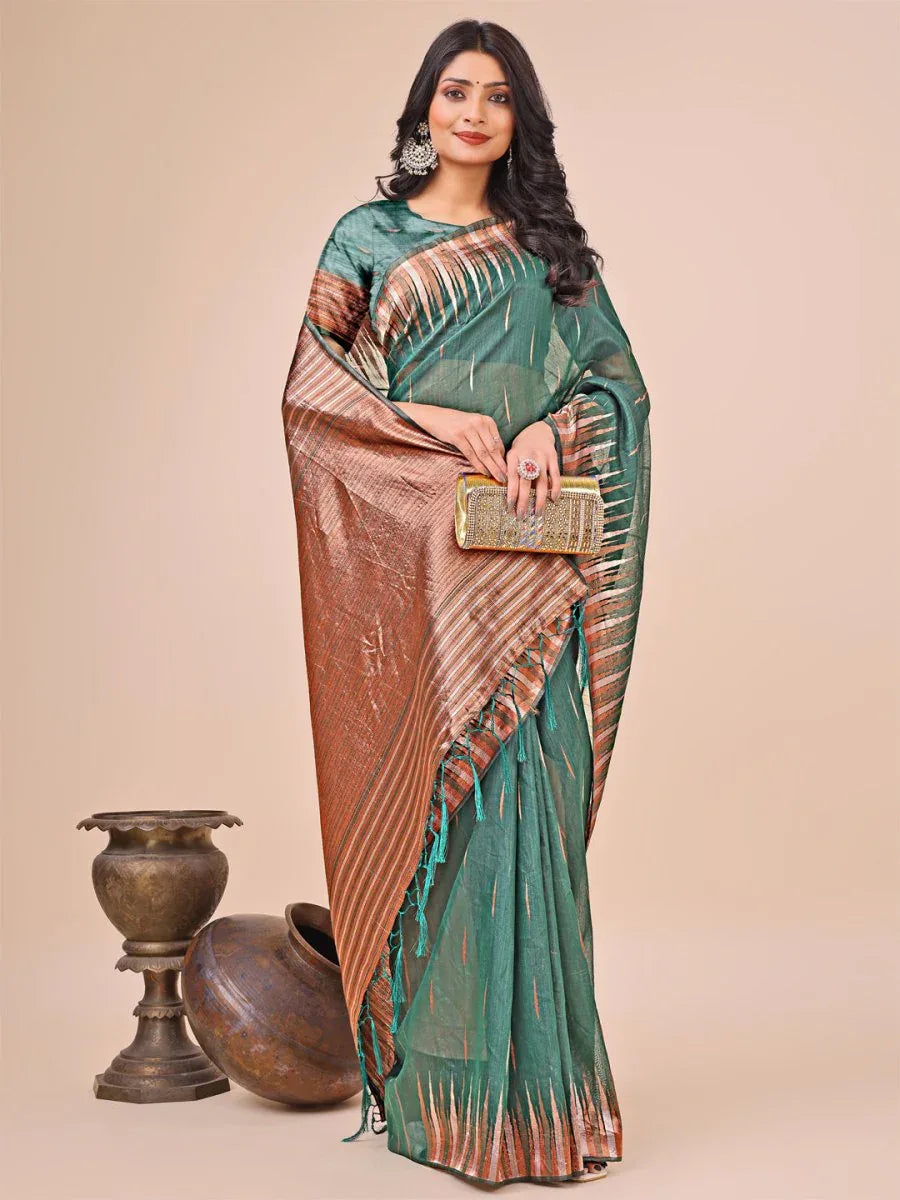 Green Linen Cotton Saree With Blouse Piece - EZBER