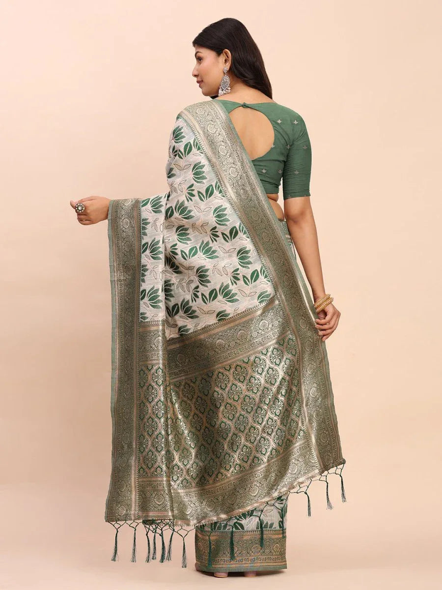 Green Linen Cotton Saree With Blouse Piece - EZBER
