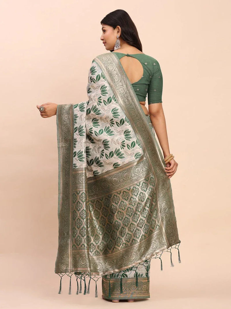 Green Linen Cotton Saree With Blouse Piece - EZBER