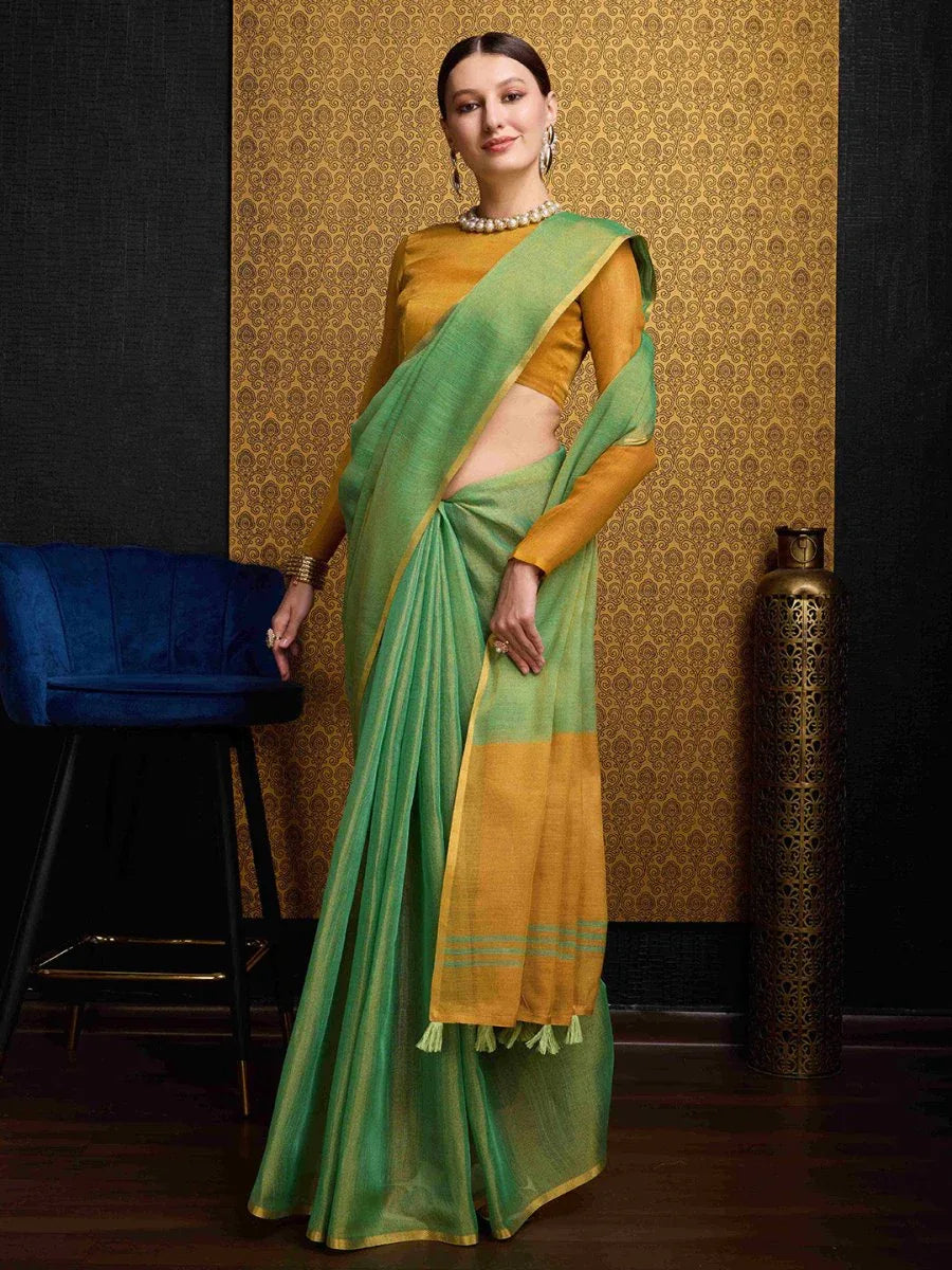 Green Linen Festive Wear Saree With Blouse Piece - EZBER