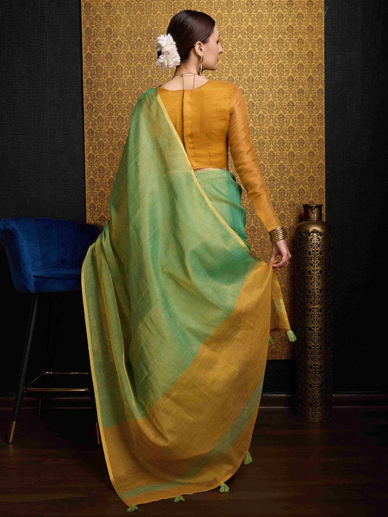 Green Linen Festive Wear Saree With Blouse Piece - EZBER