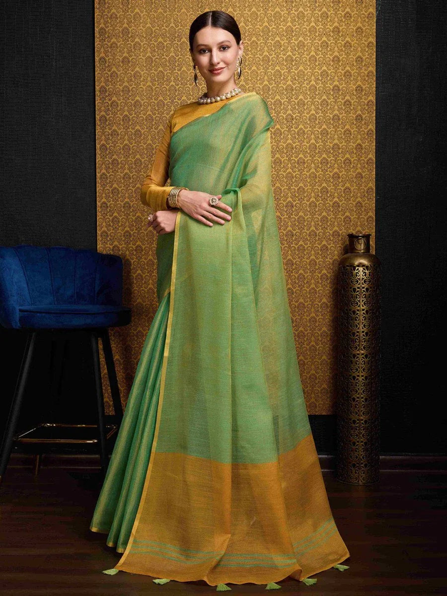 Green Linen Festive Wear Saree With Blouse Piece - EZBER