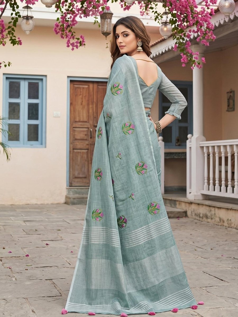 Green Linen Stripe N Floral Saree | EZB SI04 SRAMY24002 - EZBER